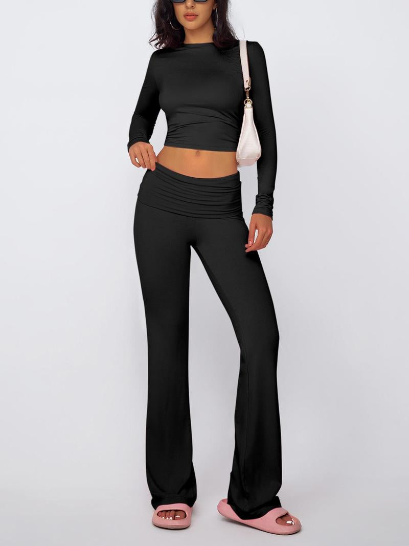 Women's Long Sleeve Crop Tee & Flare Leg Skinny Pants Loungewear Set