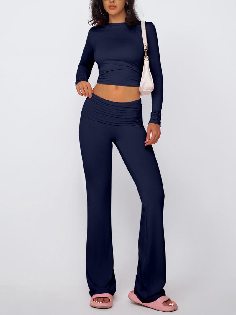 Women's Long Sleeve Crop Tee & Flare Leg Skinny Pants Loungewear Set