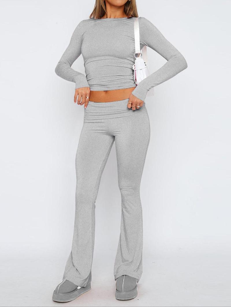 Women's Long Sleeve Crop Tee & Flare Leg Skinny Pants Loungewear Set